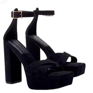 NEW Good American Suede Platform Sandals Heels Women's Ankle Strap Black 10